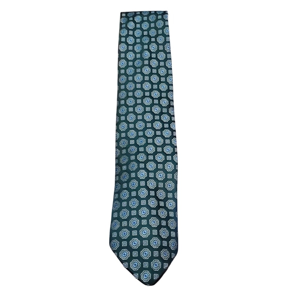 VTG Tommy Hilfiger Silk Necktie Green Blue Geometric Medallion Pattern USA Made